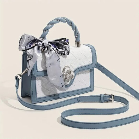 Chic Baby Blue/White Textures Floral Mini Crossbody Top Handle Bag w/Twilly - Picture 4 of 7